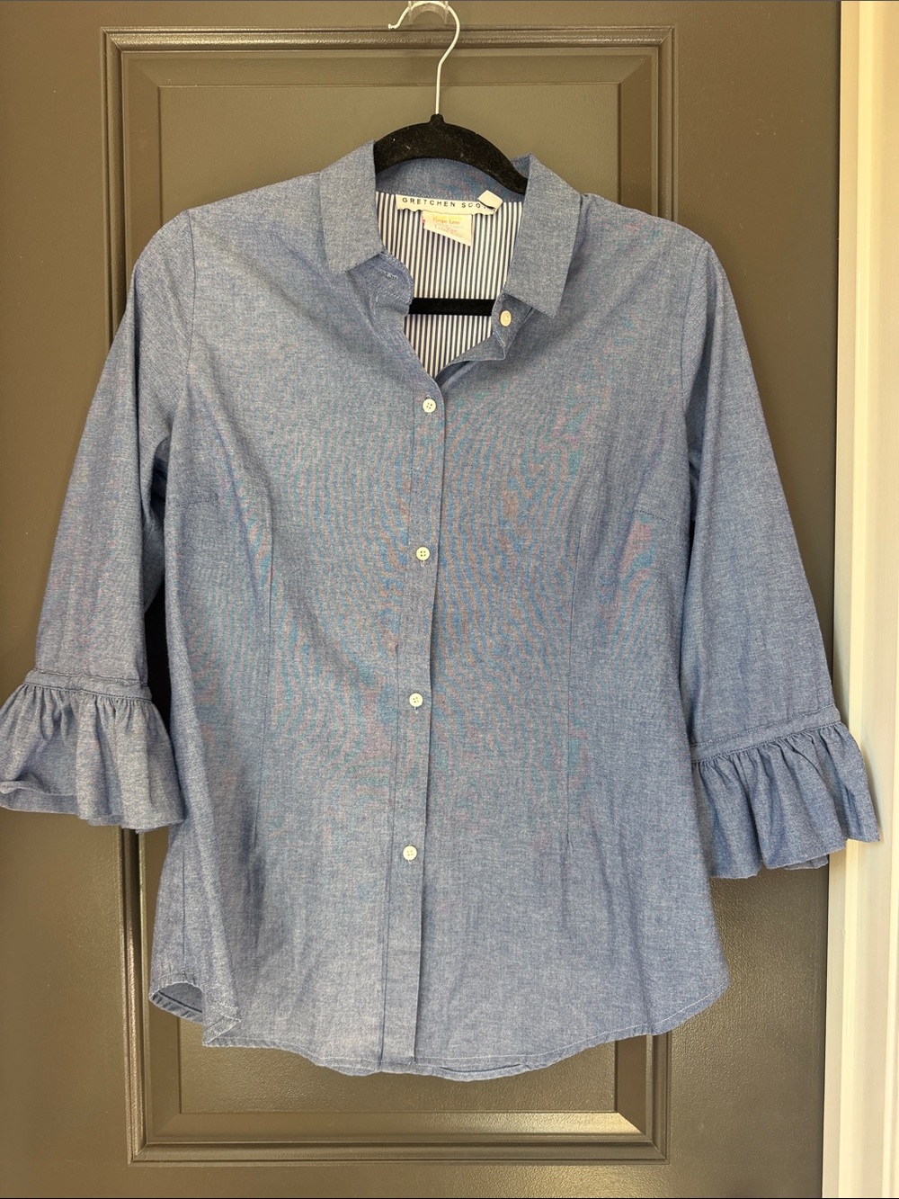Gretchen Scott Designs Chambray Blue Ruffle-Sleeve Button-Down Shirt